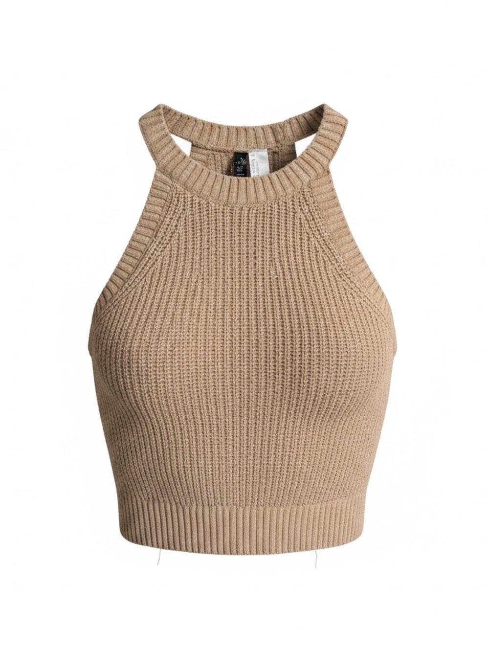 Divided Beige Ribbed Halter Crop Top